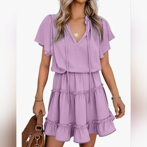 Dokotoo Split V Neck Ruffle Chiffon Elegant Mini Dress